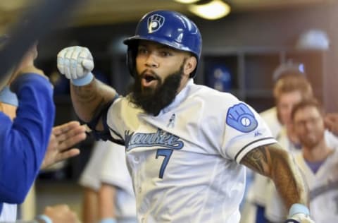 Jun 17, 2017; Milwaukee, WI, USA; Milwaukee Brewers first baseman Eric Thames (7) celebrates after hitting a two-run homer in the third inning against the San Diego Padres at Miller Park. Mandatory Credit: Benny Sieu-USA TODAY Sports