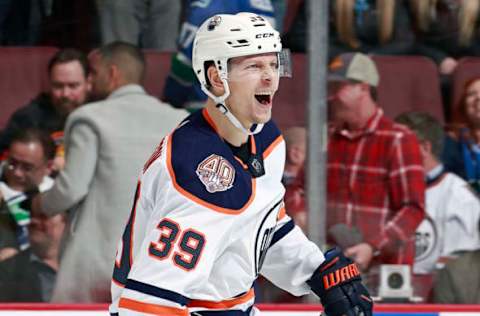 VANCOUVER, BC – JANUARY 16: Alex Chiasson #39 of the Edmonton Oilers celebrates after scoring the winning goal in a shootout during their NHL game against the Vancouver Canucks at Rogers Arena January 16, 2019, in Vancouver, British Columbia, Canada. Edmonton won 3-2. (Photo by Jeff Vinnick/NHLI via Getty Images)