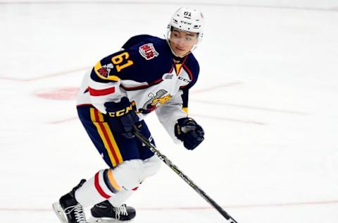 MISSISSAUGA, ON – JANUARY 19: Ryan Suzuki #61 of the Barrie Colts skates up ice against the Mississauga Steelheads during game action on January 19, 2018 at Hershey Centre in Mississauga, Ontario, Canada. (Photo by Graig Abel/Getty Images)