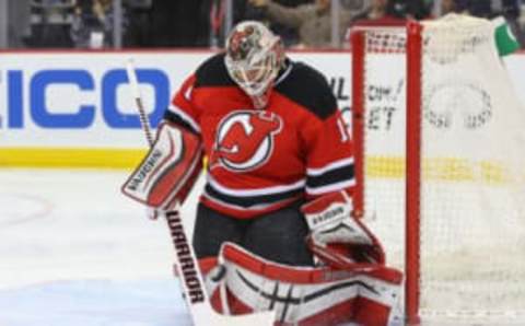 Apr 7, 2016; Newark, NJ, USA; New Jersey Devils goalie Keith Kinkaid (1) makes a save during the first period of their game against the Tampa Bay Lightning at Prudential Center. Mandatory Credit: Ed Mulholland-USA TODAY Sports