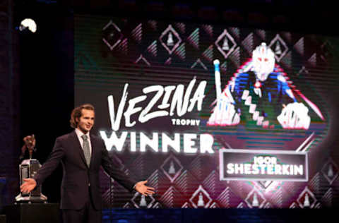 TAMPA, FLORIDA – JUNE 21: Igor Shesterkin of the New York Rangers reacts after being awarded the Vezina Trophy for outstanding goaltender during the 2022 NHL Awards at Armature Works on June 21, 2022, in Tampa, Florida. (Photo by Bruce Bennett/Getty Images)