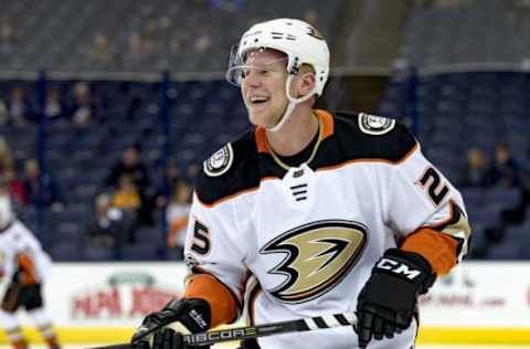 COLUMBUS, OH: Anaheim Ducks right wing Ondrej Kase (25) looks on before a game between the Columbus Blue Jackets and the Anaheim Ducks on December 01, 2018. (Photo by Adam Lacy/Icon Sportswire via Getty Images)