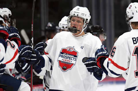 ST. PAUL, MN – SEPTEMBER 19: Team Langenbrunner forward Arthur Kaliyev (15) celebrates his 1st period goal during the USA Hockey All-American Prospects Game between Team Leopold and Team Langenbrunner on September 19, 2018 at Xcel Energy Center in St. Paul, MN. Team Leopold defeated Team Langenbrunner 6-4.(Photo by Nick Wosika/Icon Sportswire via Getty Images)