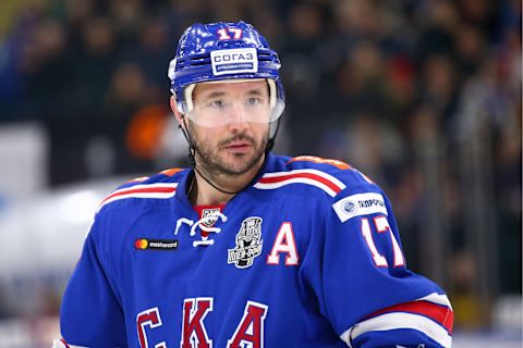 ST PETERSBURG, RUSSIA MARCH 17, 2018: SKA St Petersburg’s Ilya Kovalchuk in Leg 2 of their 2017/18 KHL Western Conference semifinal playoff ice hockey tie against HC Lokomotiv Yaroslavl at Ledovy Dvorets [Ice Palace] Arena. Peter Kovalev/TASS (Photo by Peter KovalevTASS via Getty Images)