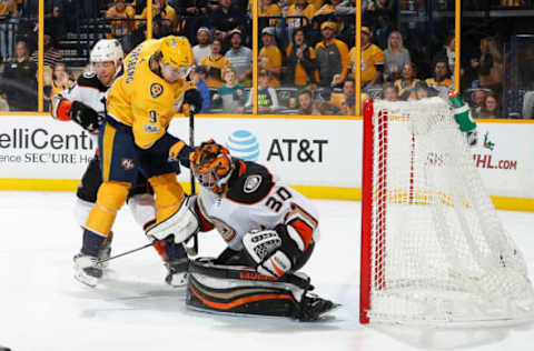 NASHVILLE, TN – DECEMBER 2: Ryan Miller #30 of the Anaheim Ducks makes the save against Filip Forsberg #9 of the Nashville Predators in overtime of an NHL game at Bridgestone Arena on December 2, 2017, in Nashville, Tennessee. (Photo by John Russell/NHLI via Getty Images)