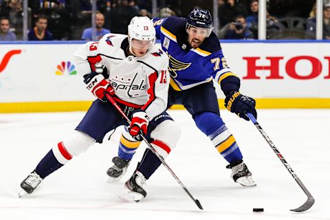 ST. LOUIS, MO – OCTOBER 02: Washington Capitals’ Jakub Vrana, left, battles for the puck against St. Louis Blues’ Justin Faulk, right, during the third period of an NHL hockey game between the St. Louis Blues and the Washington Capitals on October 2, 2019, at the Enterprise Center in St. Louis, MO. (Photo by Tim Spyers/Icon Sportswire via Getty Images)