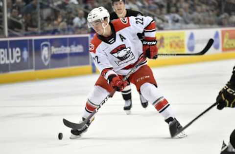 HERSHEY, PA – FEBRUARY 09: Charlotte Checkers center Andrew Poturalski (22) stickhandles a rolling puck during the Charlotte Checkers vs. Hershey Bears AHL game February 9, 2019 at the Giant Center in Hershey, PA. (Photo by Randy Litzinger/Icon Sportswire via Getty Images)