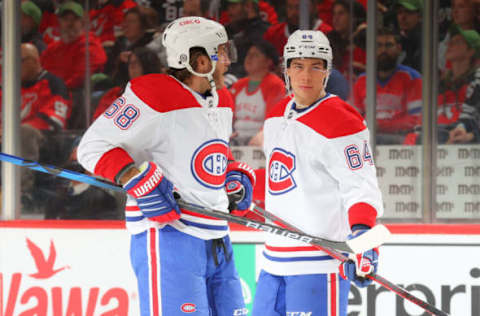 NEWARK, NJ – MARCH 27: David Savard #58 of the Montreal Canadiens and Corey Schueneman #64 of the Montreal Canadiens against the New Jersey Devils on March 27, 2022 at the Prudential Center in Newark, New Jersey. (Photo by Rich Graessle/Getty Images)