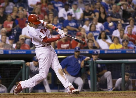 With four outfield stars, Altherr is a possible trade piece for a starting pitcher. Photo by Mitchell Leff/Getty Images.