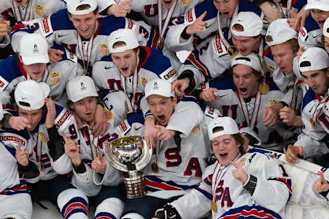 EDMONTON, AB – JANUARY 05: The United States pose for a team photo after defeating Canada during the 2021 IIHF World Junior Championship gold medal game at Rogers Place on January 5, 2021 in Edmonton, Canada. (Photo by Codie McLachlan/Getty Images)