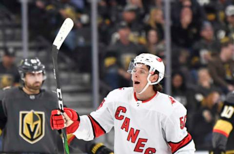 LAS VEGAS, NEVADA – FEBRUARY 08: Erik Haula #56 of the Carolina Hurricanes celebrates after scoring a goal during the third period against the Vegas Golden Knights at T-Mobile Arena on February 08, 2020 in Las Vegas, Nevada. (Photo by Jeff Bottari/NHLI via Getty Images)