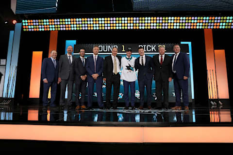 DALLAS, TX – JUNE 22: Ryan Merkley poses after being selected twenty-first overall by the San Jose Sharks during the first round of the 2018 NHL Draft at American Airlines Center on June 22, 2018 in Dallas, Texas. (Photo by Bruce Bennett/Getty Images)