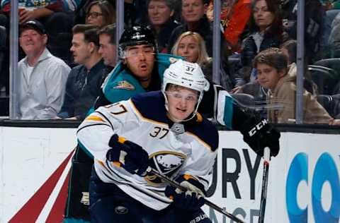 ANAHEIM, CA – OCTOBER 21: Casey Mittelstadt #37 of the Buffalo Sabres battles for position against Kiefer Sherwood #64 of the Anaheim Ducks during the game on October 21, 2018 at Honda Center in Anaheim, California. (Photo by Debora Robinson/NHLI via Getty Images)