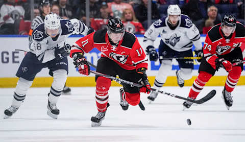 QUEBEC CITY, QC – OCTOBER 18: James Malatesta #11 of the Quebec Remparts skates with the puck against the Rimouski Oceanic during their QMJHL hockey game at the Videotron Center on October 18, 2019 in Quebec City, Quebec, Canada. (Photo by Mathieu Belanger/Getty Images)