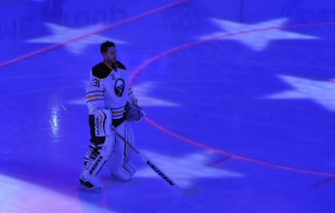 Jan 8, 2016; Chicago, IL, USA; Buffalo Sabres goalie Chad Johnson (31) stands for the national anthem before the game against the Chicago Blackhawks at the United Center. Mandatory Credit: David Banks-USA TODAY Sports