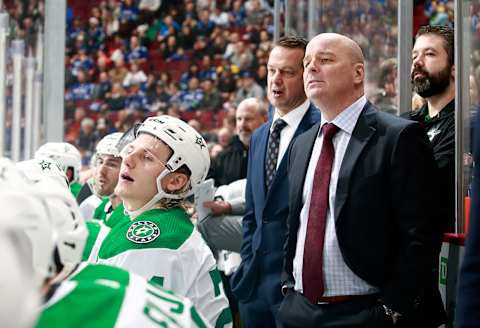 VANCOUVER, BC – DECEMBER 1: Head coach Jim Montogomery of the Dallas Stars looks on from the bench during their NHL game against the Vancouver Canucks at Rogers Arena December 1, 2018 in Vancouver, British Columbia, Canada. (Photo by Jeff Vinnick/NHLI via Getty Images)”n