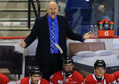 ST CATHARINES, ON – NOVEMBER 24: Head Coach Andre Tourigny of the Ottawa 67’s shouts to the referee during the second period of an OHL game against the Niagara IceDogs at the Meridian Centre on November 24, 2017 in St Catharines, Ontario, Canada. (Photo by Vaughn Ridley/Getty Images)