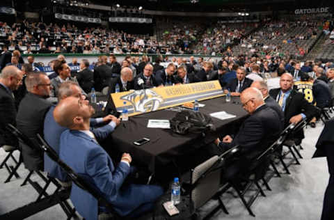 DALLAS, TX – JUNE 22: A general view of the Nashville Predators draft table is seen during the first round of the 2018 NHL Draft at American Airlines Center on June 22, 2018 in Dallas, Texas. (Photo by Brian Babineau/NHLI via Getty Images)