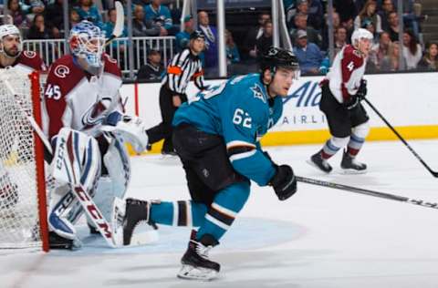 SAN JOSE, CA – APRIL 05: Kevin Labanc #62 of the San Jose Sharks skates against Jonathan Bernier #45 of the Colorado Avalanche at SAP Center on April 5, 2018 in San Jose, California. (Photo by Rocky W. Widner/NHL/Getty Images) *** Local Caption *** Kevin Labanc; Jonathan Bernier