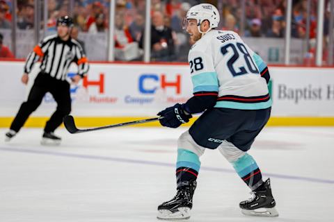 Dec 11, 2022; Sunrise, Florida, USA; Seattle Kraken defenseman Carson Soucy (28) may be among the best options in free agency for the Blue Jackets. Mandatory Credit: Sam Navarro-USA TODAY Sports