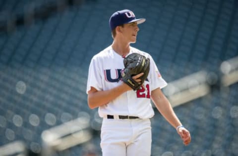 MINNEAPOLIS, MN- AUGUST 27: Matthew Liberatore #21 of the USA Baseball 18U National Team pitches against Iowa Western CC on August 27, 2017 at Target Field in Minneapolis, Minnesota. (Photo by Brace Hemmelgarn/Getty Images)