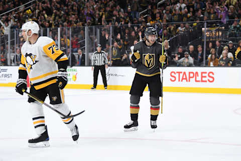 LAS VEGAS, NV – JANUARY 19: William Karlsson #71 of the Vegas Golden Knights celebrates after scoring a goal against the Pittsburgh Penguins during a game at T-Mobile Arena on January 19, 2019 in Las Vegas, Nevada. (Photo by Jeff Bottari/NHLI via Getty Images)