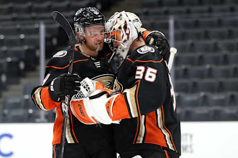 Cam Fowler #4 congratulates John Gibson #36 of the Anaheim Ducks. (Photo by Sean M. Haffey/Getty Images)