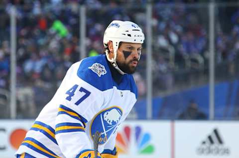 NEW YORK, NY – JANUARY 1: Zach Bogosian #47 of the Buffalo Sabres skates against the New York Rangers during the 2018 Bridgestone NHL Winter Classic at Citi Field on January 1, 2018 in New York, New York. (Photo by Bill Wippert/NHLI via Getty Images)