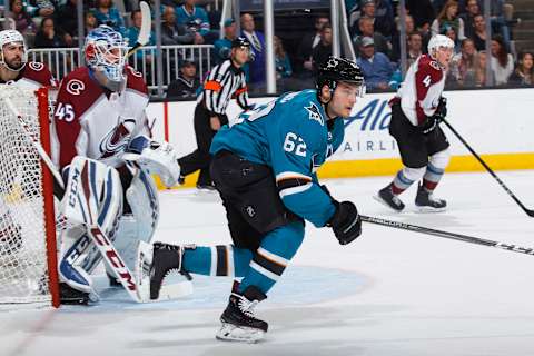 SAN JOSE, CA – APRIL 05: Kevin Labanc #62 of the San Jose Sharks skates against Jonathan Bernier #45 of the Colorado Avalanche at SAP Center on April 5, 2018 in San Jose, California. (Photo by Rocky W. Widner/NHL/Getty Images) *** Local Caption *** Kevin Labanc; Jonathan Bernier