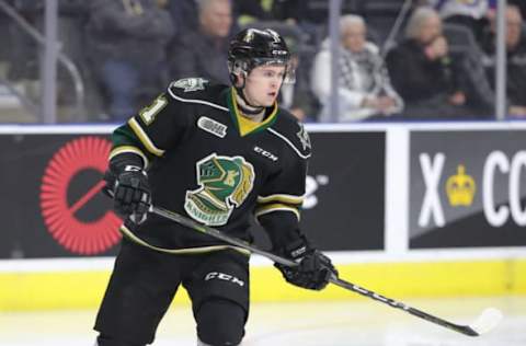 LONDON, ON – FEBRUARY 24: Connor McMichael #11 of the London Knights in action in the first period during OHL game action against the North Bay Battalion at Budweiser Gardens on February 24, 2019 in London, Canada. (Photo by Tom Szczerbowski/Getty Images)