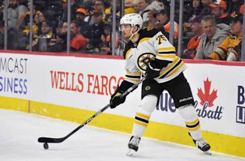 Apr 9, 2023; Philadelphia, Pennsylvania, USA; Boston Bruins defenseman Connor Clifton (75) against the Philadelphia Flyers at Wells Fargo Center. Mandatory Credit: Eric Hartline-USA TODAY Sports