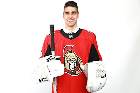 DALLAS, TX – JUNE 23: Kevin Mandolese poses after being selected 157th overall by the Ottawa Senators during the 2018 NHL Draft at American Airlines Center on June 23, 2018 in Dallas, Texas. (Photo by Tom Pennington/Getty Images)