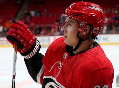 RALEIGH, NC – MARCH 20: Sebastian Aho #20 of the Carolina Hurricanes is photographed during warmups prior to an NHL game against the Edmonton Oilers on March 20, 2018 at PNC Arena in Raleigh, North Carolina. (Photo by Gregg Forwerck/NHLI via Getty Images)