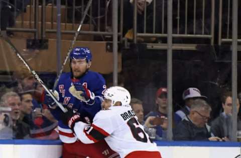 NEW YORK, NEW YORK – MARCH 02: Derick Brassard #61 of the Ottawa Senators skates in his 1000th NHL game against Barclay Goodrow #21 of the New York Rangers at Madison Square Garden on March 02, 2023, in New York City. (Photo by Bruce Bennett/Getty Images)