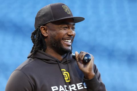 PHILADELPHIA, PENNSYLVANIA – OCTOBER 21: Josh Bell #24 of the San Diego Padres reacts during batting practice prior to game three of the National League Championship Series against the Philadelphia Phillies at Citizens Bank Park on October 21, 2022 in Philadelphia, Pennsylvania. (Photo by Elsa/Getty Images)