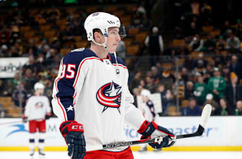 BOSTON, MA – MARCH 16: Columbus Blue Jackets center Matt Duchene (95) waits for a drill before a game between the Boston Bruins and the Columbus Blue Jackets on. March 16, 2019, at TD Garden in Boston, Massachusetts. (Photo by Fred Kfoury III/Icon Sportswire via Getty Images)