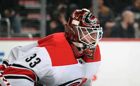 PHILADELPHIA, PA – APRIL 05: Scott Darling #33 of the Carolina Hurricanes looks on against the Philadelphia Flyers on April 5, 2018 at the Wells Fargo Center in Philadelphia, Pennsylvania. (Photo by Len Redkoles/NHLI via Getty Images)