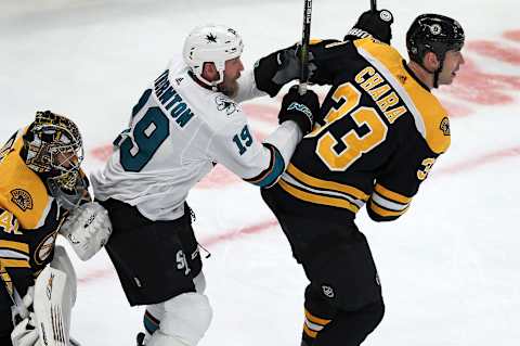 BOSTON – FEBRUARY 26: San Jose Sharks’ Joe Thornton (19) battles the Bruins’ Zdeno Chara (33) for position in front of Bruins goalie Jaroslav Halak, left, during the first period. The Boston Bruins host the San Jose Sharks in a regular season NHL hockey game at TD Garden in Boston on Feb. 26, 2019. (Photo by Jim Davis/The Boston Globe via Getty Images)