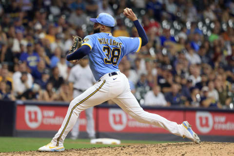 MILWAUKEE, WISCONSIN – SEPTEMBER 17: Devin Williams #38 of the Milwaukee Brewers throws a pitch in the game against the New York Yankees at American Family Field on September 17, 2022 in Milwaukee, Wisconsin. (Photo by Justin Casterline/Getty Images)