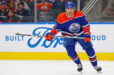 Oct 4, 2023; Edmonton, Alberta, CAN; Edmonton Oilers forward Raphael Lavoie (62) follows the play against the Calgary Flames at Rogers Place. Mandatory Credit: Perry Nelson-USA TODAY Sports