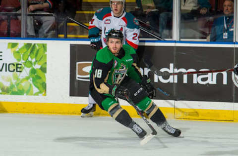 KELOWNA, BC – JANUARY 19: Noah Gregor #18 of the Prince Albert Raiders skates against the Kelowna Rockets at Prospera Place on January 19, 2019 in Kelowna, Canada. (Photo by Marissa Baecker/Getty Images)