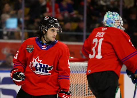 Matthew Savoie #93 in the 2022 CHL/NHL Top Prospects Game. (Photo by Chris Tanouye/Getty Images)