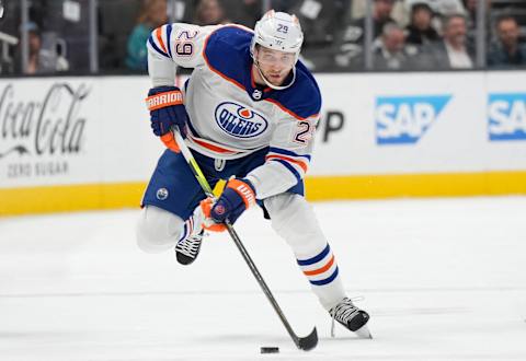 SAN JOSE, CALIFORNIA – NOVEMBER 09: Leon Draisaitl #29 of the Edmonton Oilers skates with the puck against the San Jose Sharks during the first period at SAP Center on November 09, 2023 in San Jose, California. (Photo by Thearon W. Henderson/Getty Images)