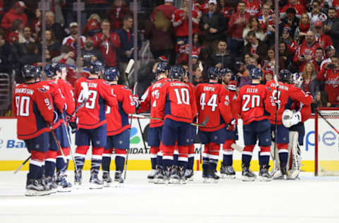 NHL Power Rankings: Washington Capitals players celebrate after their game against the Anaheim Ducks at Verizon Center. The Capitals won 6-4. Mandatory Credit: Geoff Burke-USA TODAY Sports