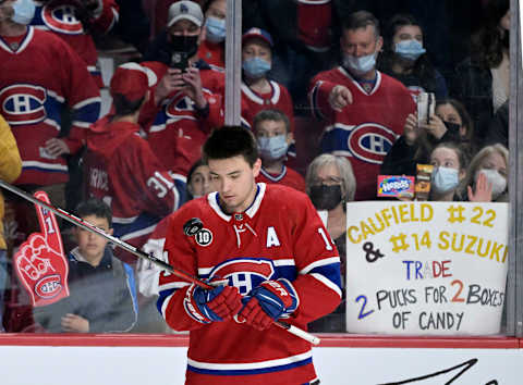 Apr 24, 2022; Montreal, Quebec, CAN; Montreal Canadiens forward Nick Suzuki. Mandatory Credit: Eric Bolte-USA TODAY Sports