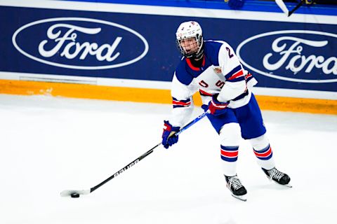 BASEL, SWITZERLAND – APRIL 30: Will Smith of United States in action during final of U18 Ice Hockey World Championship match between United States and Sweden at St. Jakob-Park at St. Jakob-Park on April 30, 2023 in Basel, Switzerland. (Photo by Jari Pestelacci/Eurasia Sport Images/Getty Images)