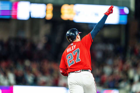 ATLANTA, GA – SEPTEMBER 30: Austin Riley #27 of the Atlanta Braves hits a home run during the second inning against the New York Mets at Truist Park on September 30, 2022 in Atlanta, Georgia. (Photo by Kevin Liles/Atlanta Braves/Getty Images)