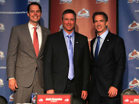 DENVER, CO – MAY 28: (L-R) Josh Kroenke President and Governor of the Colorado Avalanche, Patrick Roy the new Head Coach/Vice President of Hockey Operations and Joe Sakic Executive Vice President of Hockey Operations pose fr a photo after Roy was introduced as their new head coach during a press conference at the Pepsi Center on May 28, 2013 in Denver, Colorado. (Photo by Doug Pensinger/Getty Images)