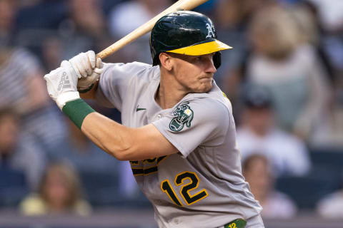 NEW YORK, NEW YORK – JUNE 28: Sean Murphy #12 of the Oakland Athletics at bat during the fourth inning of the game against the New York Yankees at Yankee Stadium on June 28, 2022 in New York City. (Photo by Dustin Satloff/Getty Images)