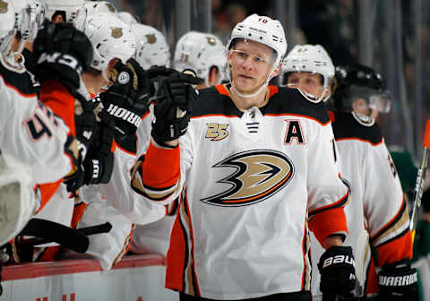 ST. PAUL, MN – FEBRUARY 19: Corey Perry #10 of the Anaheim Ducks celebrates his 3rd-period goal during a game with the Minnesota Wild at Xcel Energy Center on February 19, 2019, in St. Paul, Minnesota. (Photo by Bruce Kluckhohn/NHLI via Getty Images)